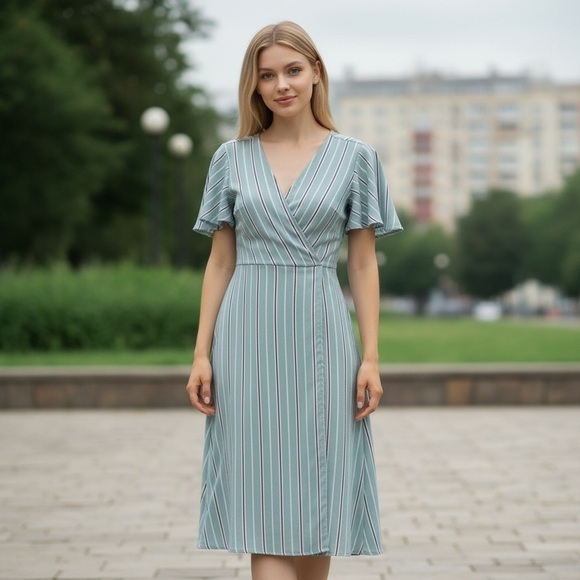 Monteau Dresses & Skirts - Pastel Striped Dress With Flutter Sleeve & Faux Wrap Tie Back- Size Medium